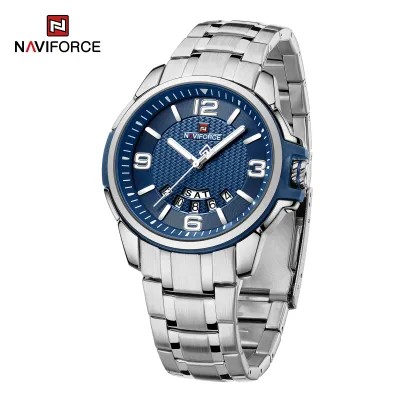 NAVIFORCE 9215 Men Wristwatch Top Brand Luxury Waterproof Watch Original Stainless Steel Sport Military Quartz Male Clock - Silver Blue